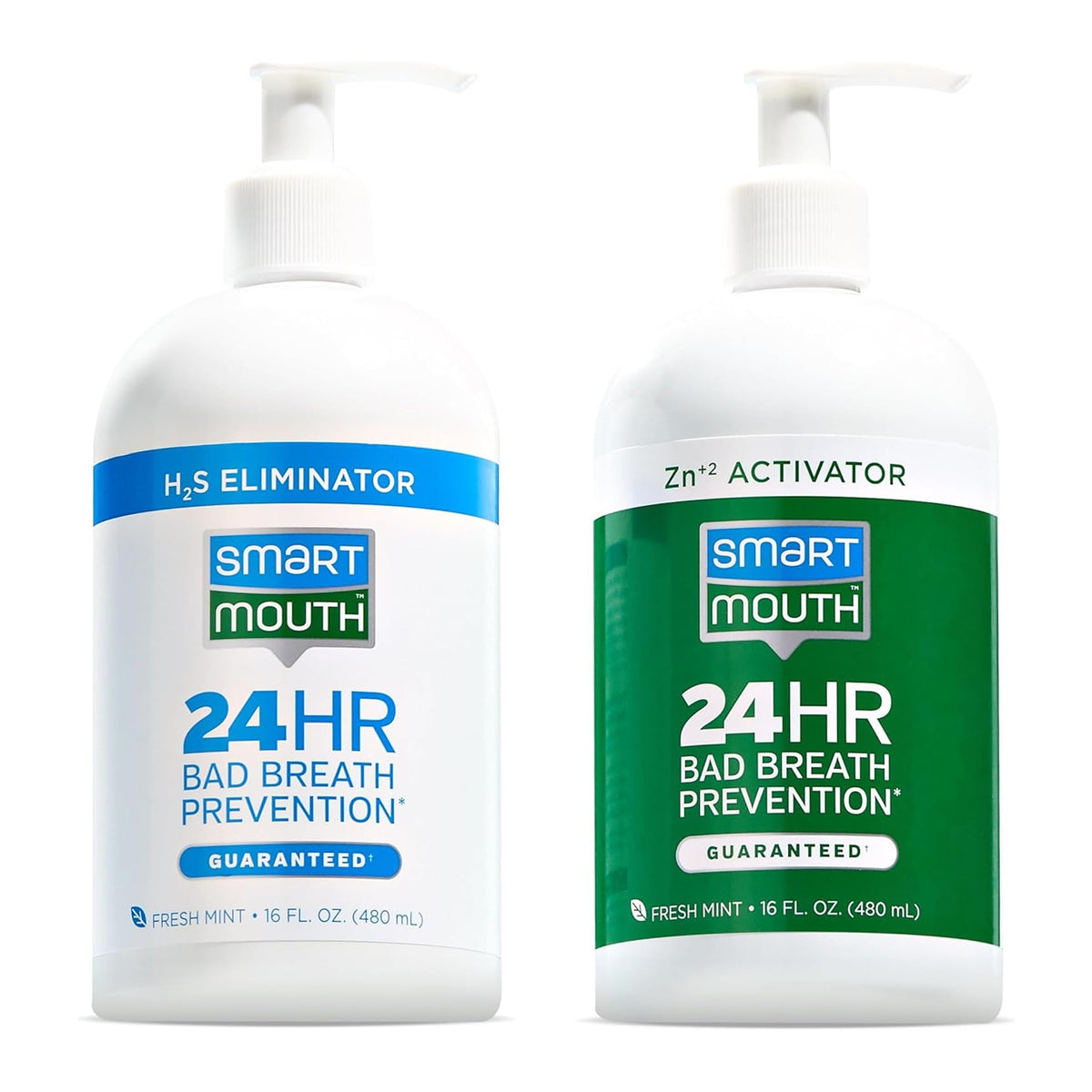 SmartMouth Original pair of mouthwash bottles with pump for easy dosing.