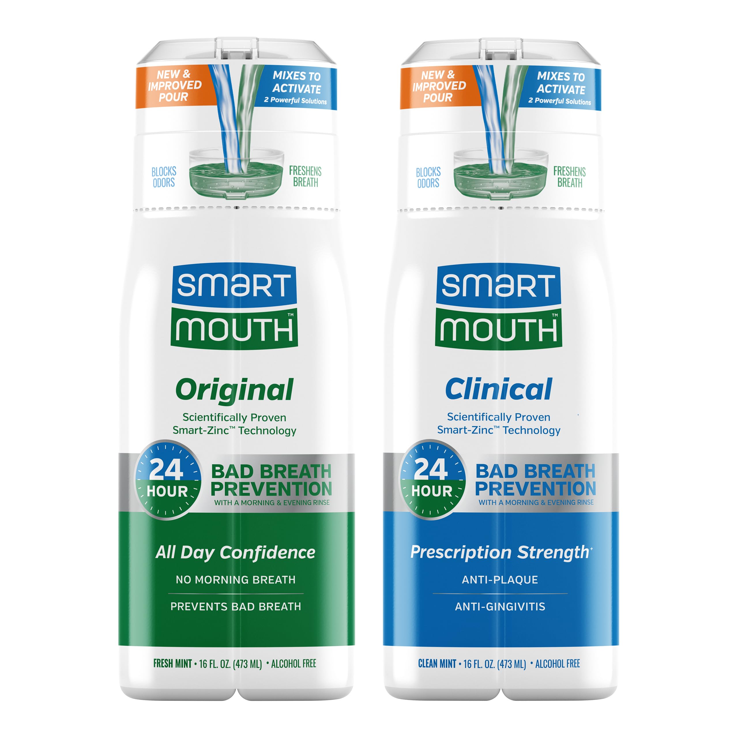 SmartMouth Original bottle front showing dual-solution formula for all-day freshness.