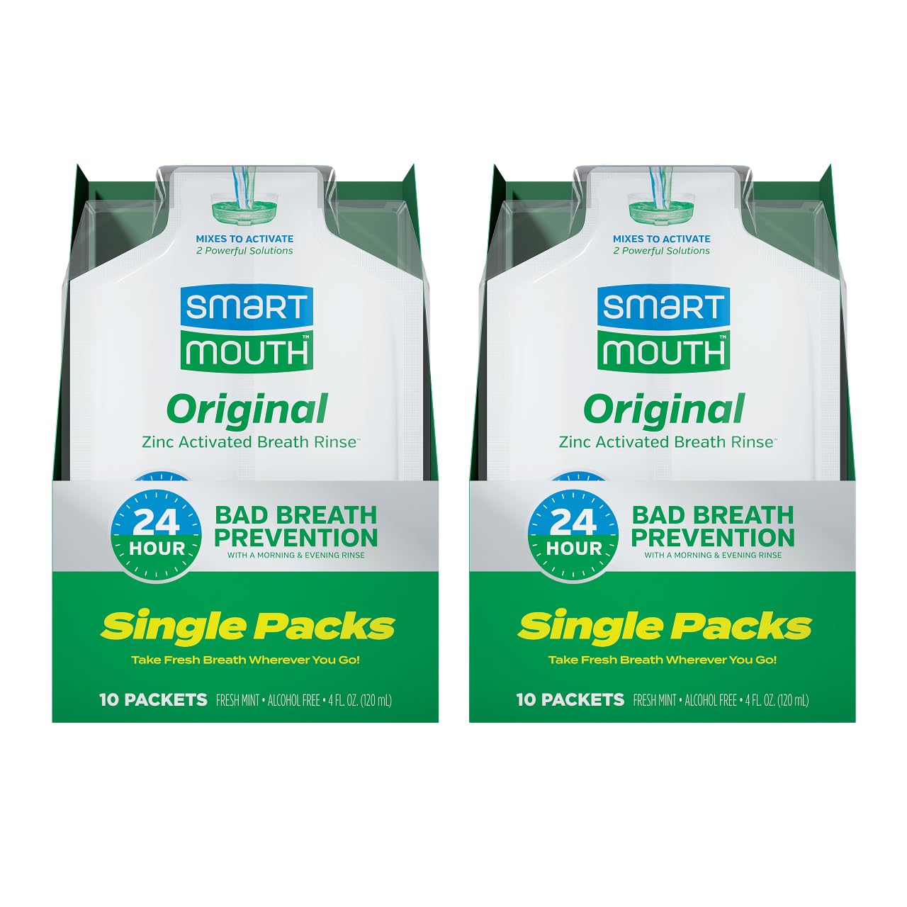 SmartMouth Original zinc activated mouthwash packet being poured for instant fresh breath