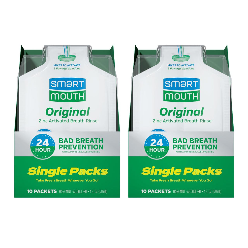 SmartMouth Original zinc activated mouthwash packet being poured for instant fresh breath