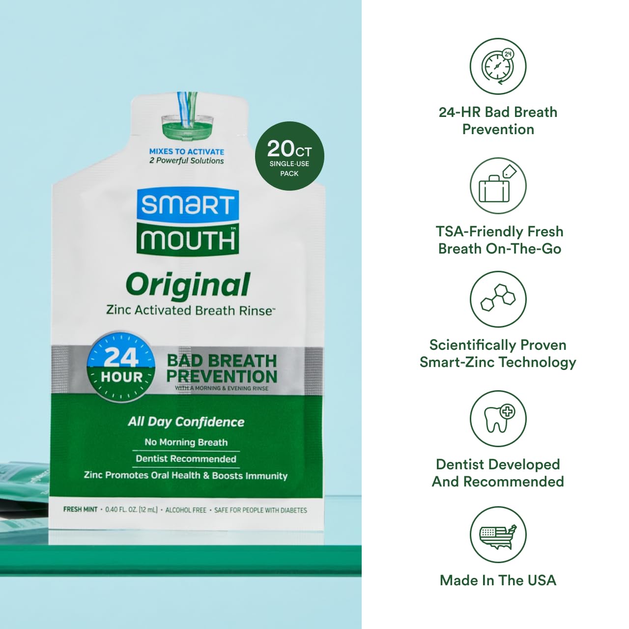 SmartMouth Original zinc activated mouthwash packets arranged on a sink