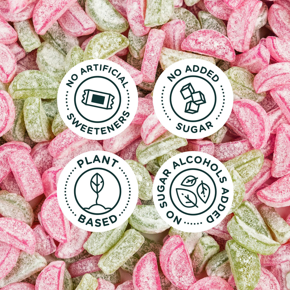SmartSweets Sourmelon Bites ingredients chart highlights allulose and stevia.