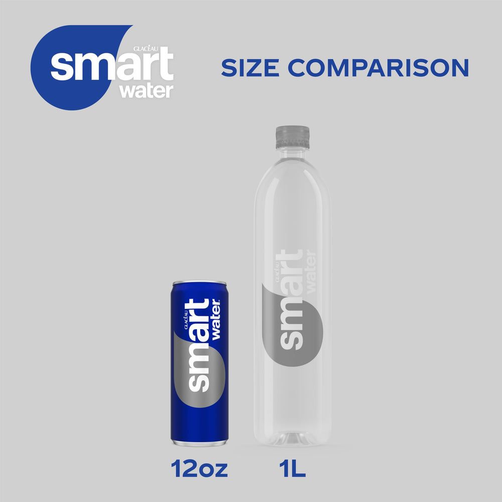 Smartwater aluminum can 12oz label detail highlights electrolytes and distillation.