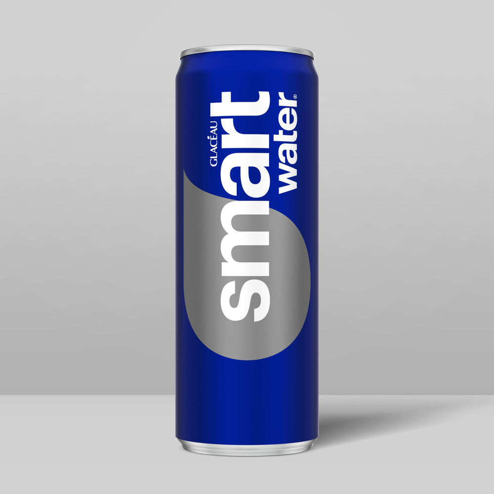 Smartwater aluminum can 12oz pack closeup focuses on branding.