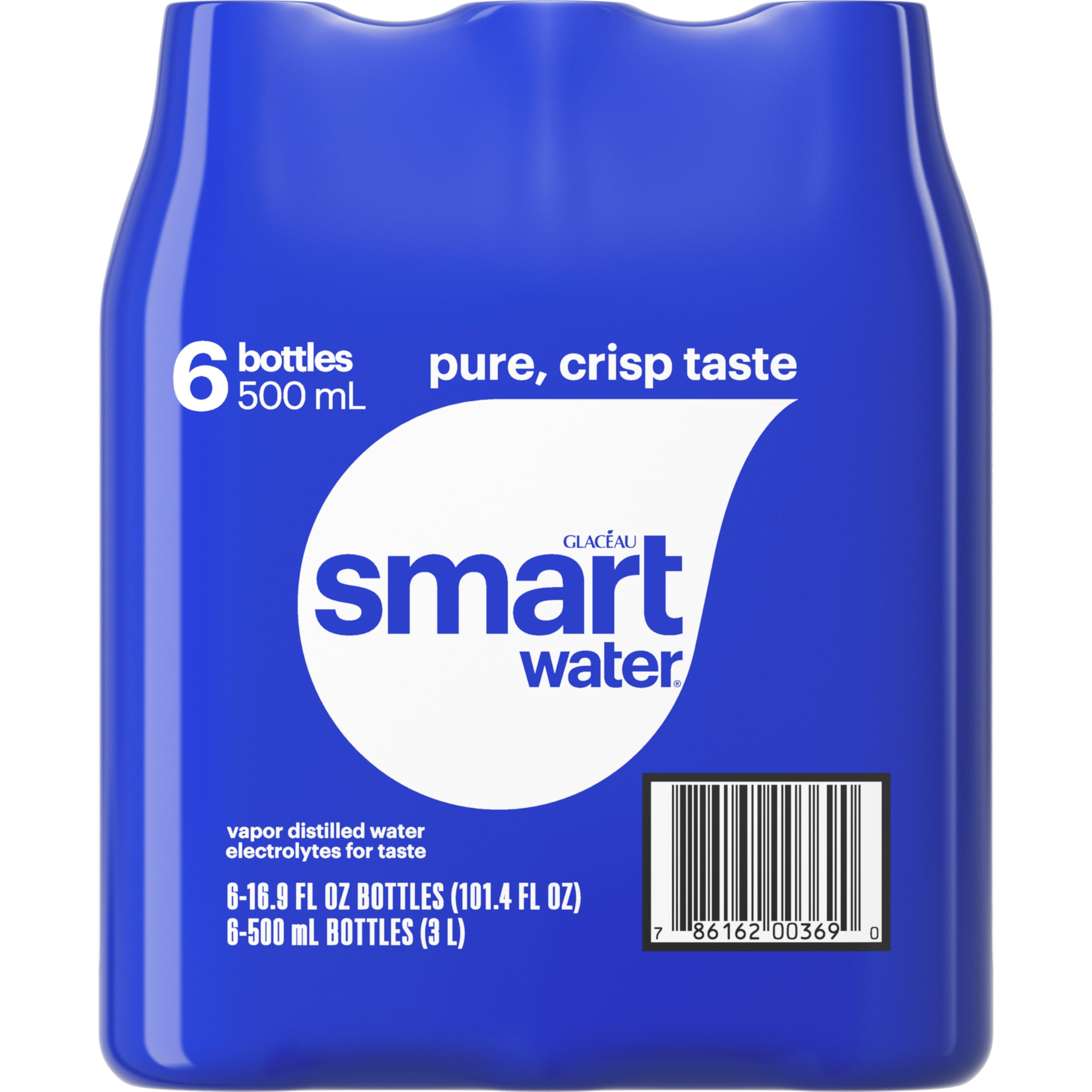 Smartwater electrolyte label indicating enhanced flavor and balanced hydration.