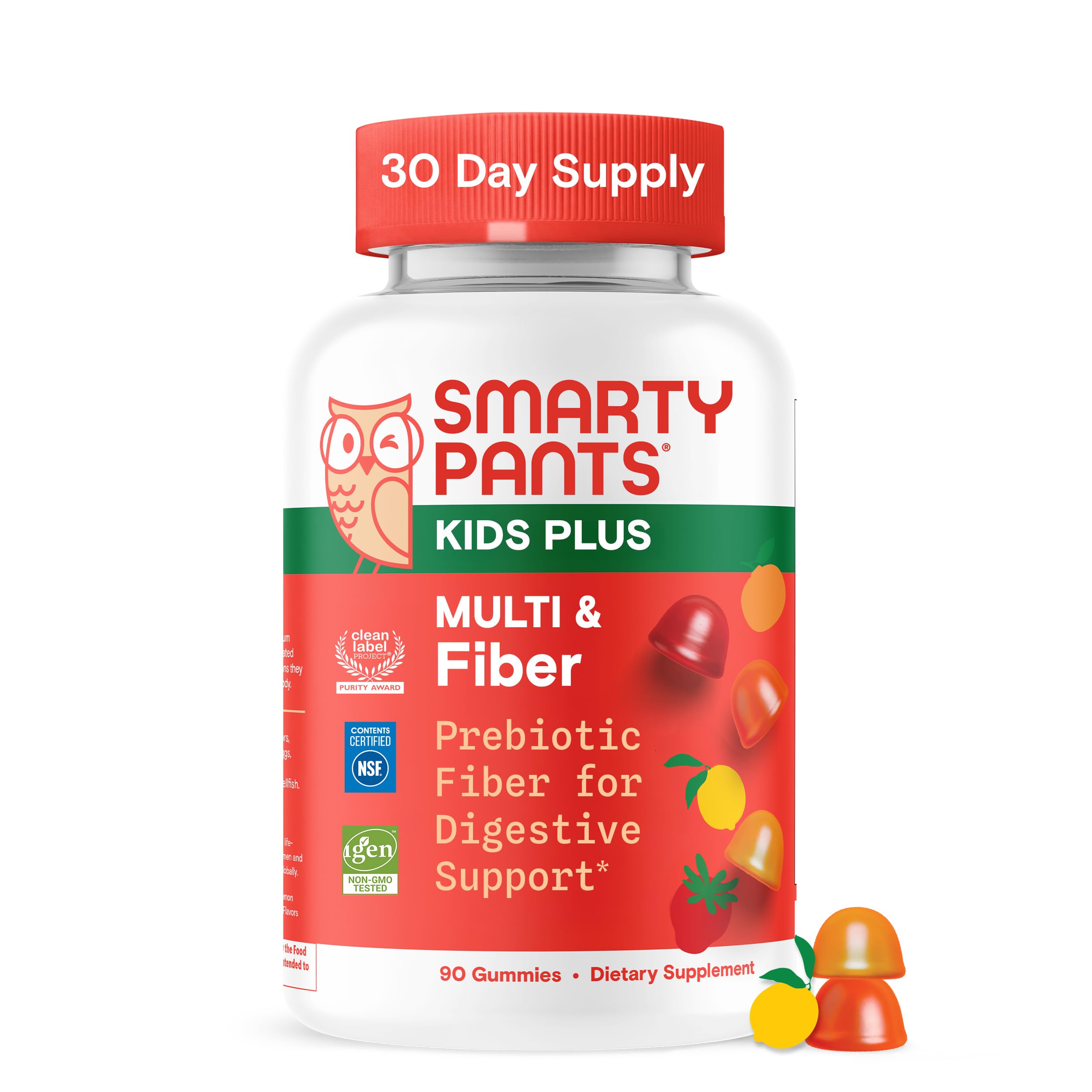 SmartyPants Kids Multi & Fiber bottle front showing kid-friendly gummies for daily fiber and nutrients