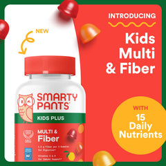 SmartyPants Kids Multi & Fiber bottle illustration highlighting colorful gummies for tasty daily vitamins