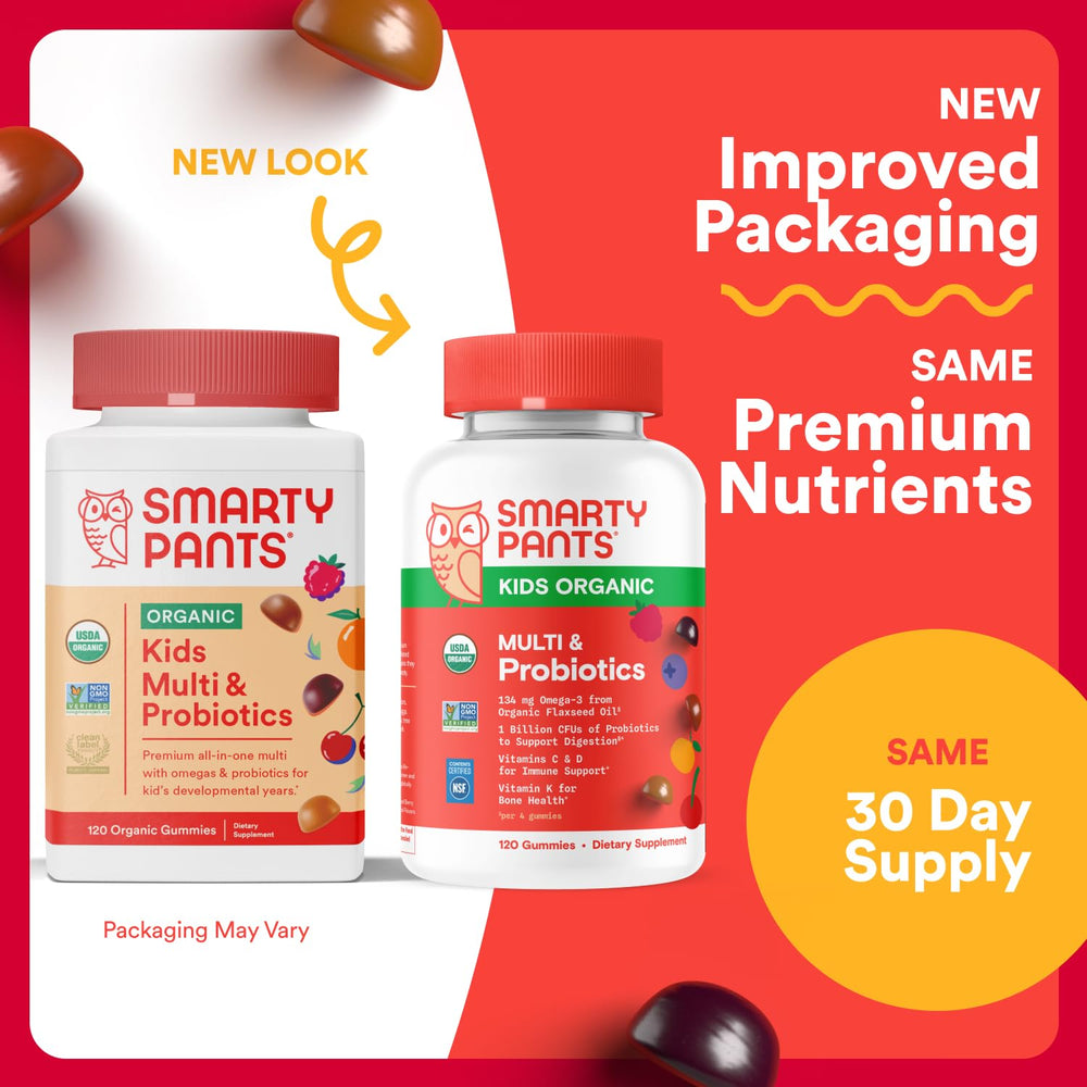SmartyPants Organic Kids Multivitamin Gummies bottle closeup shows vibrant, kid-friendly gummies.