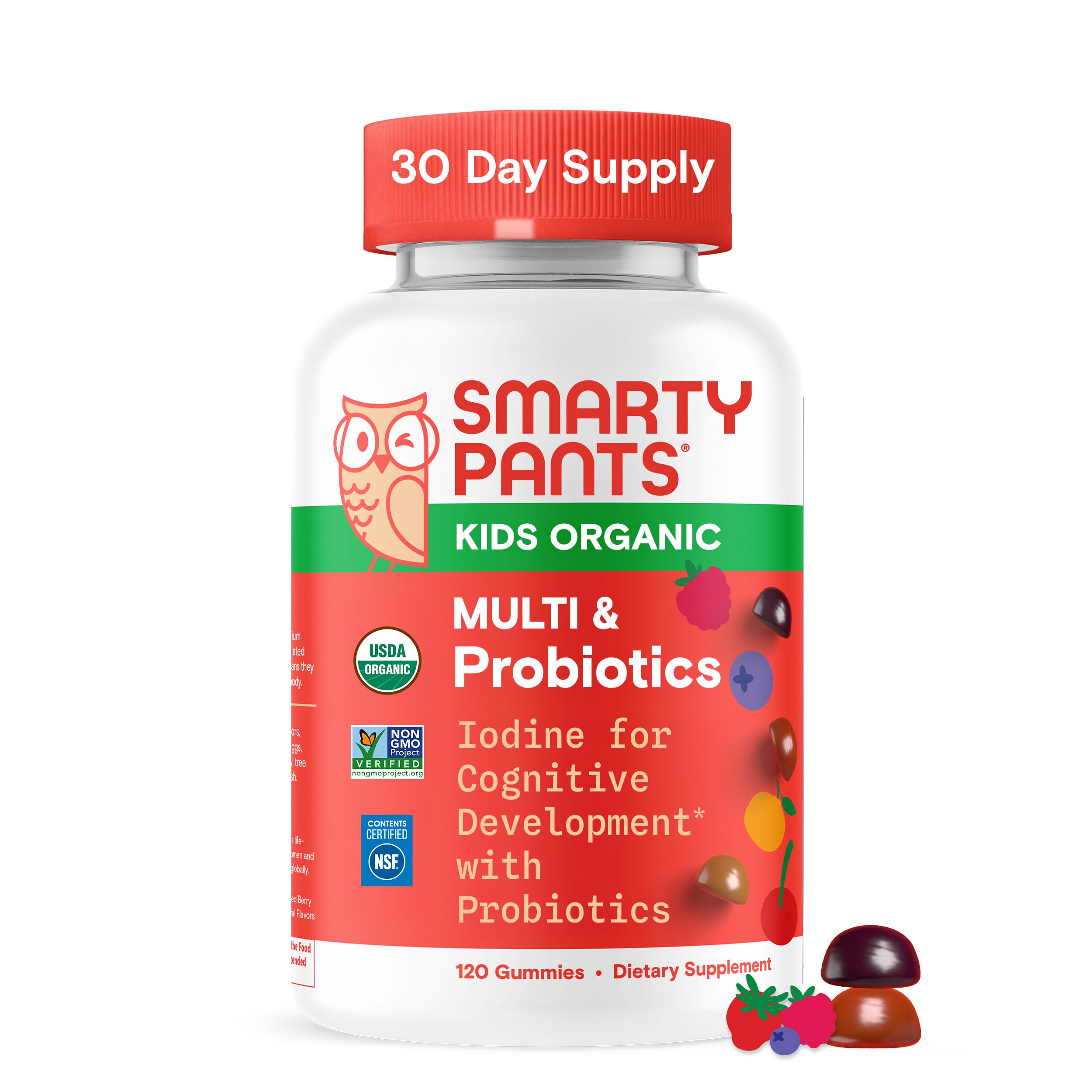 SmartyPants Organic Kids Multivitamin Gummies bottle supports daily growth with colorful nutrients.
