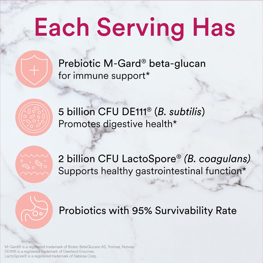 SmartyPants label highlights probiotic strains LactoSpore and DE111.
