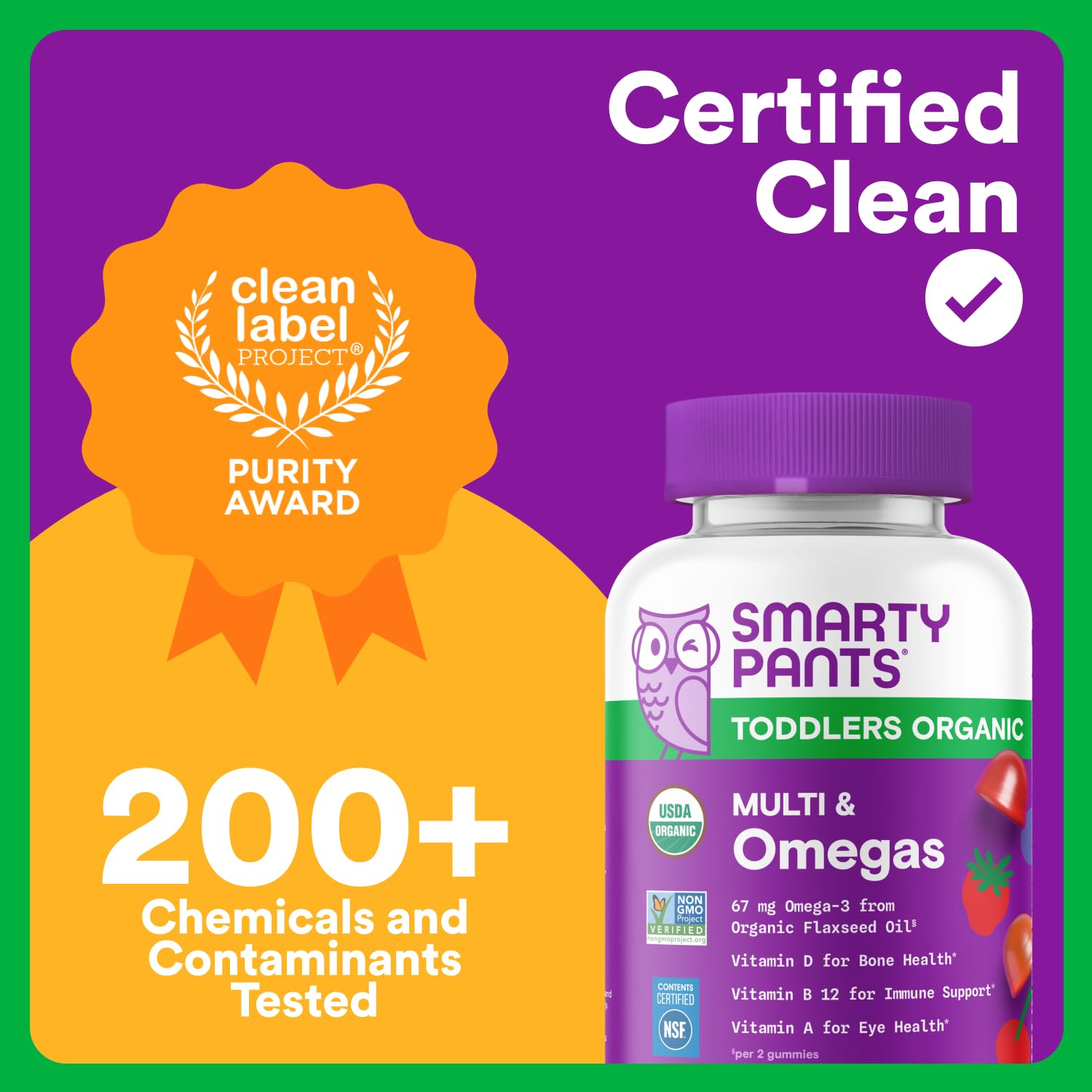 SmartyPants Clean Label Purity Award badge on packaging.
