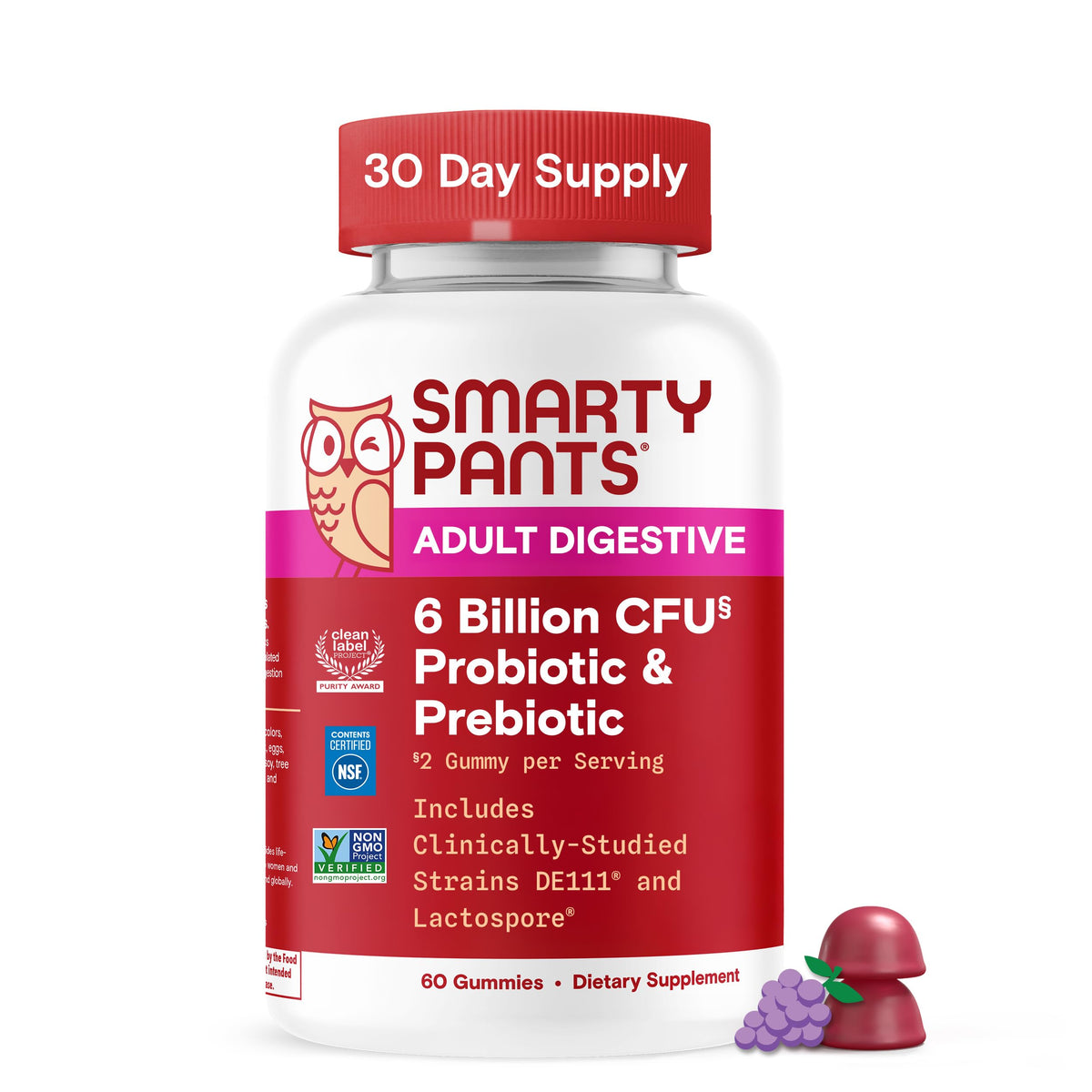 SmartyPants grape gummies bottle highlighting probiotic support for digestive balance.