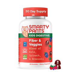 SmartyPants Kids Fiber & Veggies bottle label highlights vegan, gluten-free ingredients for families.