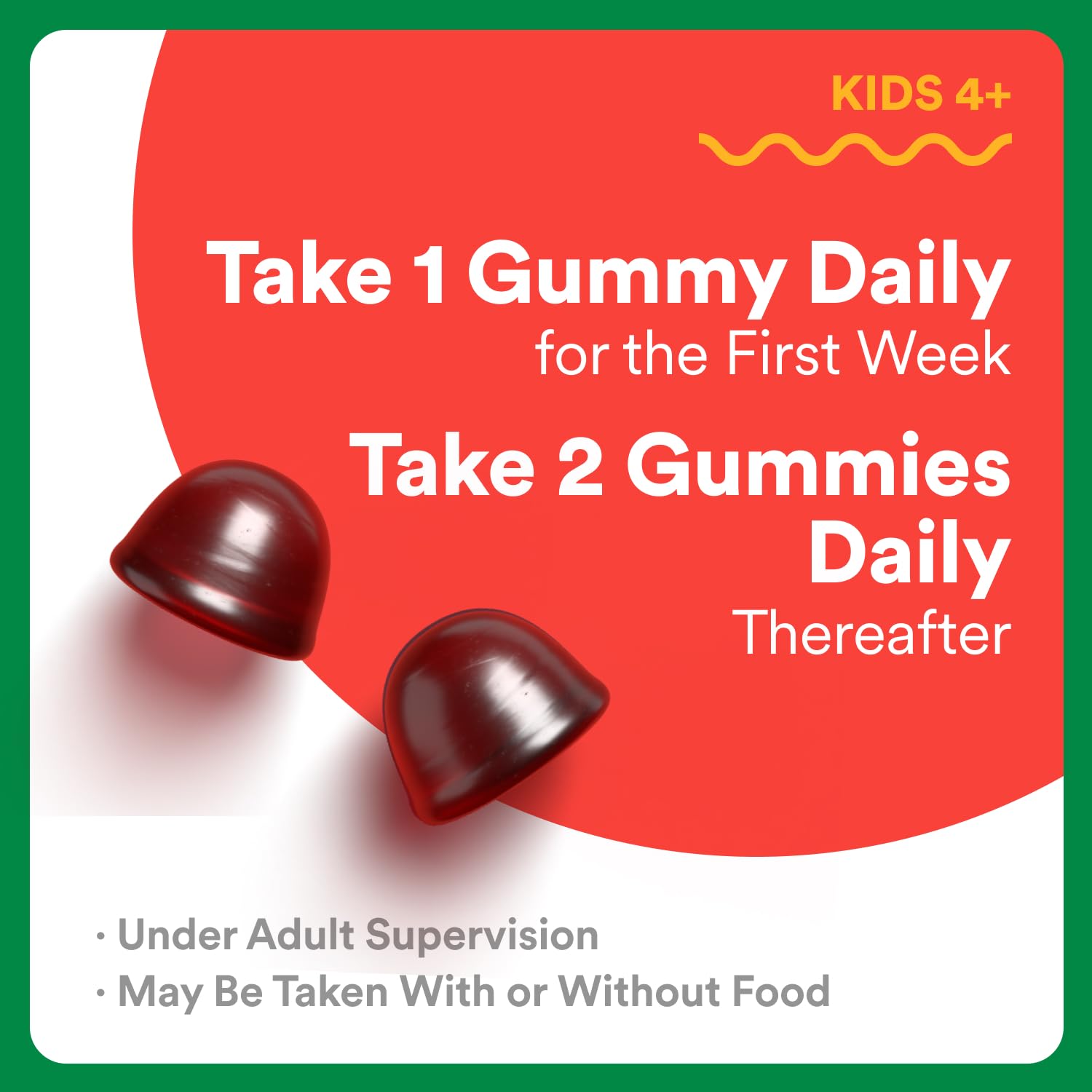 Family breakfast scene with kids taking gummies.