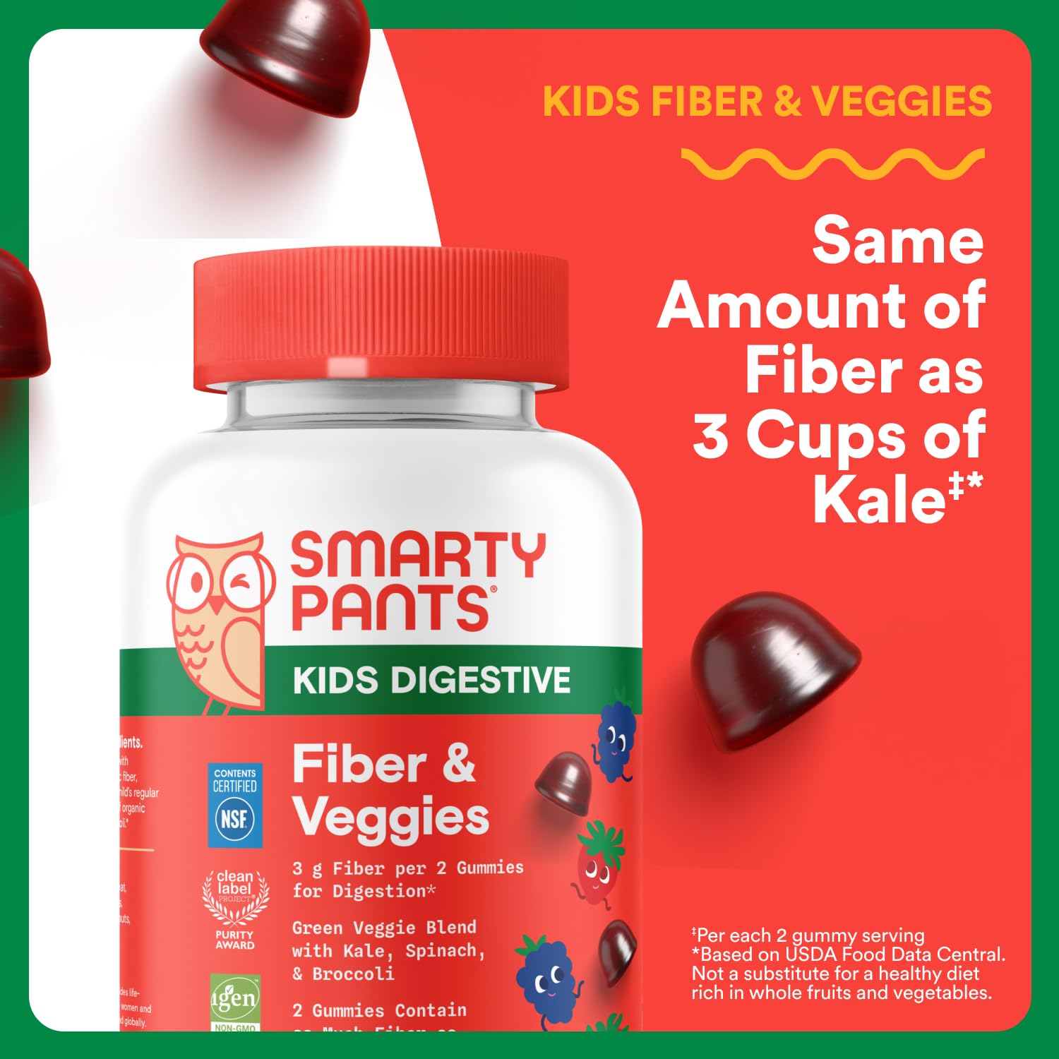 Gummies being poured, emphasizing mixed berry flavor and kid-friendly texture.