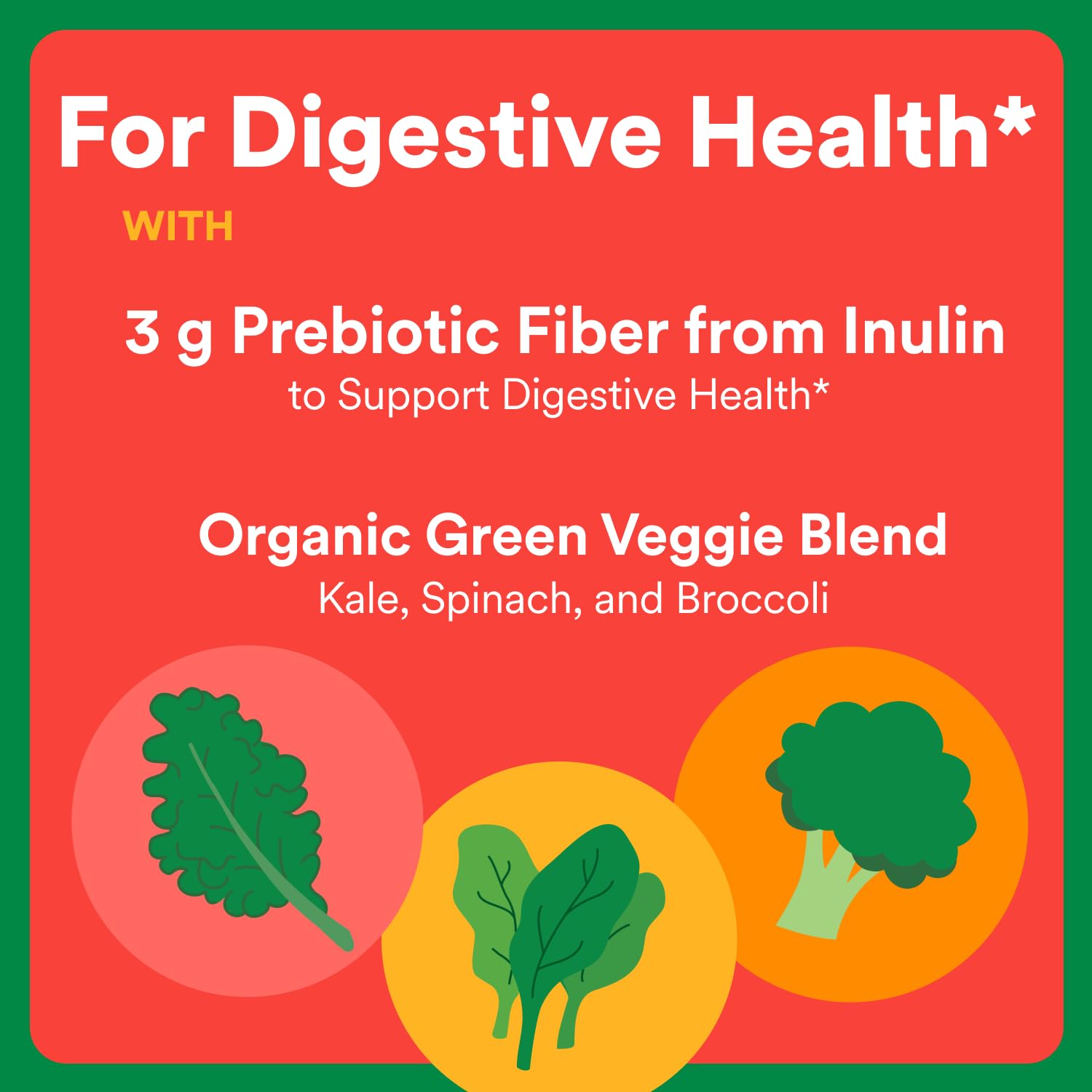 Organic kale, spinach, broccoli illustration on package.