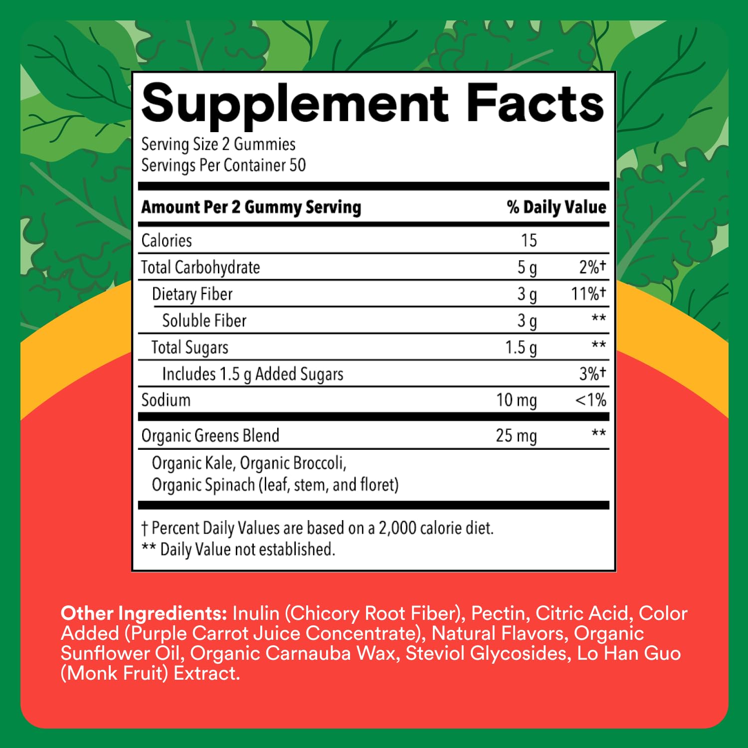 Serving dish shows 1–2 gummies for daily fiber goals using inulin.