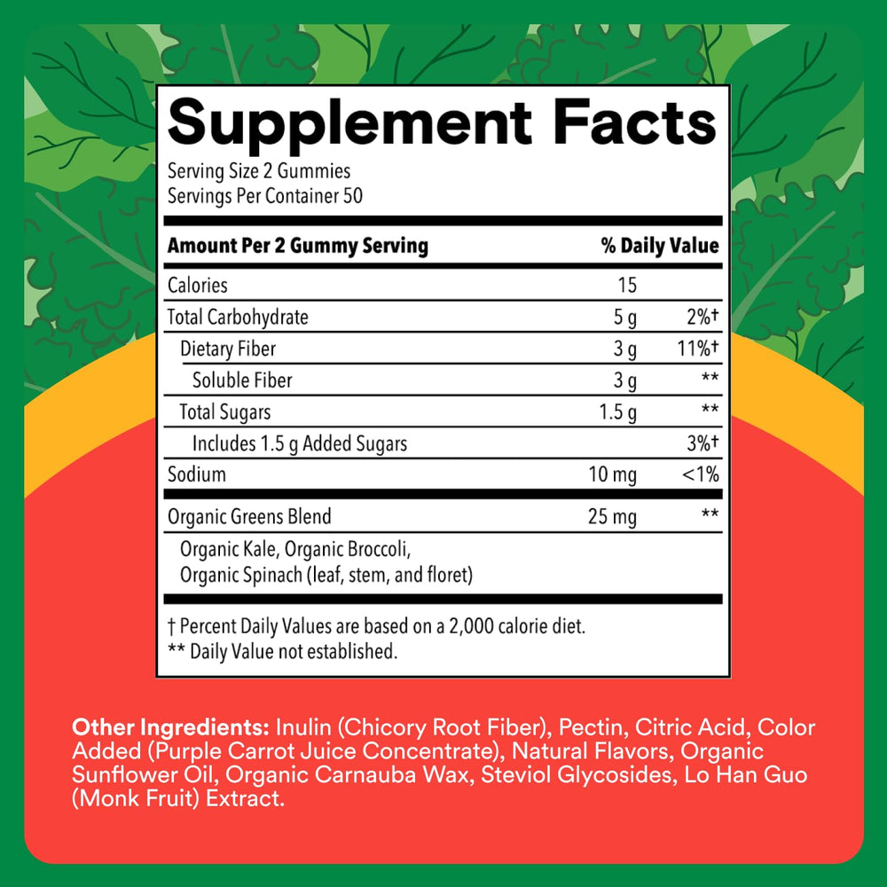 Serving dish shows 1–2 gummies for daily fiber goals using inulin.