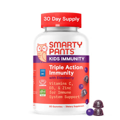 SmartyPants Kids Immunity Elderberry Gummies bottle on the counter for daily immune support.