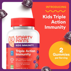 SmartyPants Kids Immunity Gummies label highlights elderberry and vitamins for kids.