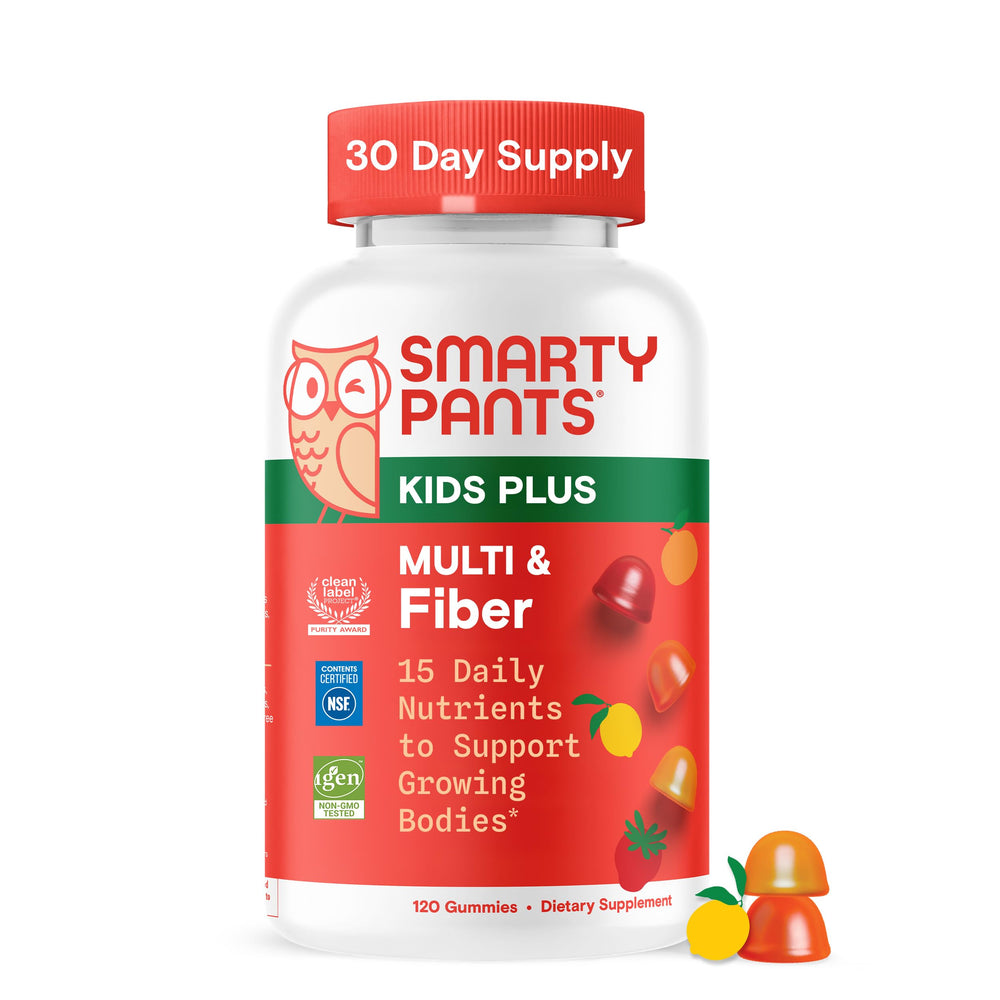 SmartyPants Kids Multi & Fiber bottle with colorful gummies for daily digestion support.