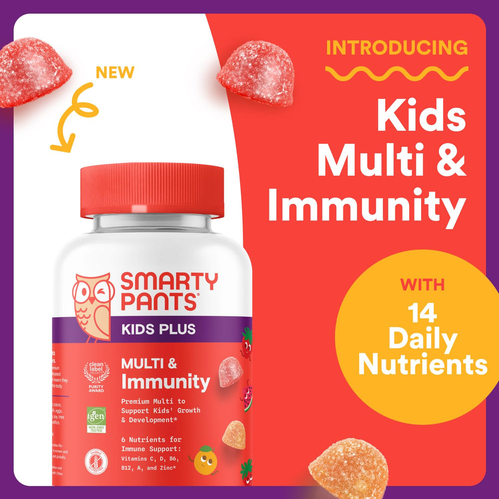 SmartyPants Kids Plus Multi & Immunity gummies strawberry-watermelon flavor for kids.