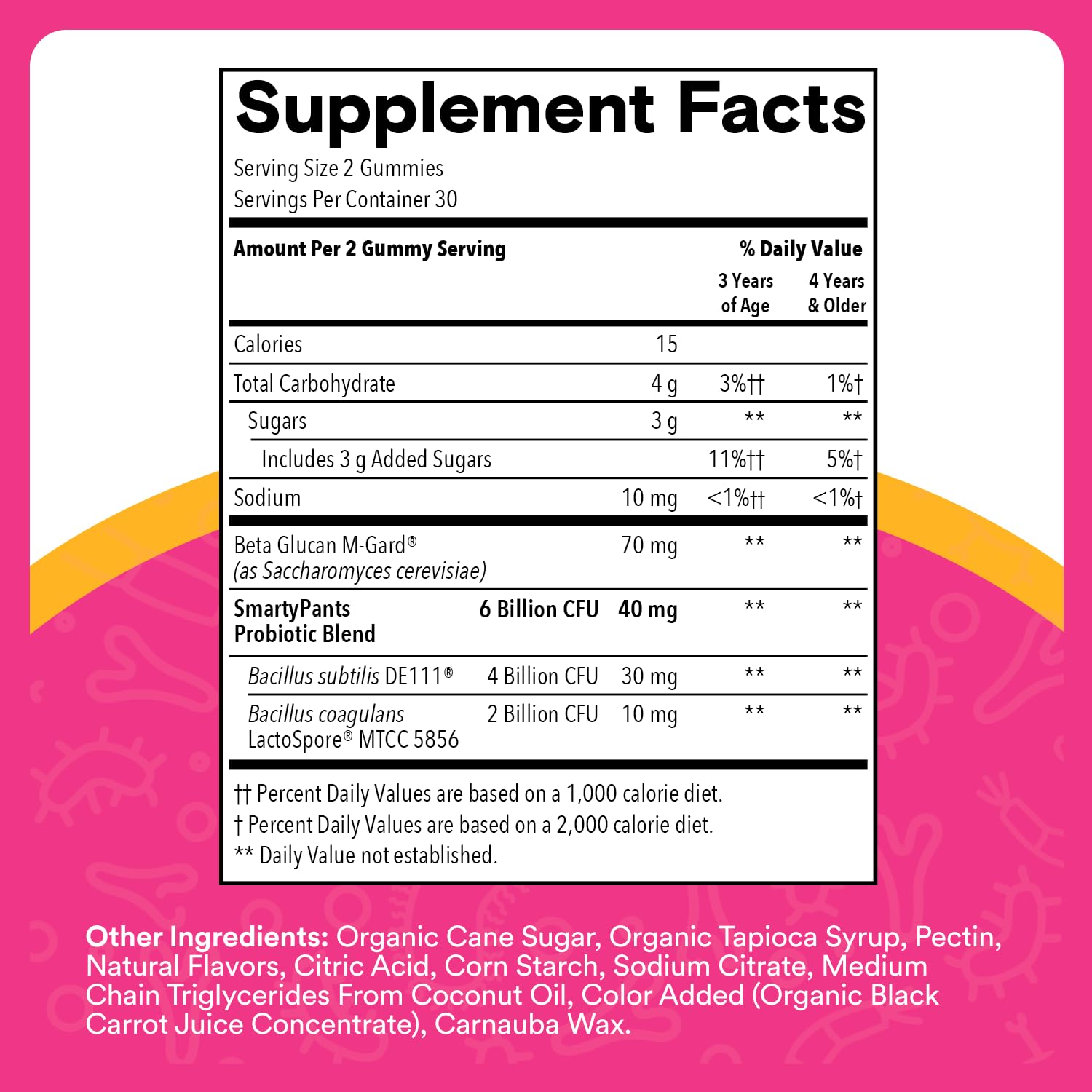 Close-up of SmartyPants label with probiotic and prebiotic blend