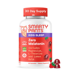 SmartyPants Kids Sleep Zero Melatonin bottle front for drug-free bedtime support.