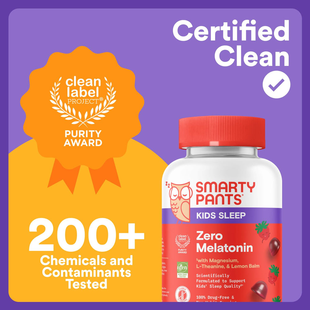 Packaging image of SmartyPants Kids Sleep Zero Melatonin for freshness and purity.