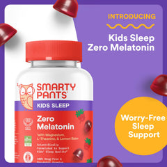 SmartyPants Kids Sleep Zero Melatonin strawberry gummies on display for kid-friendly sleep support.