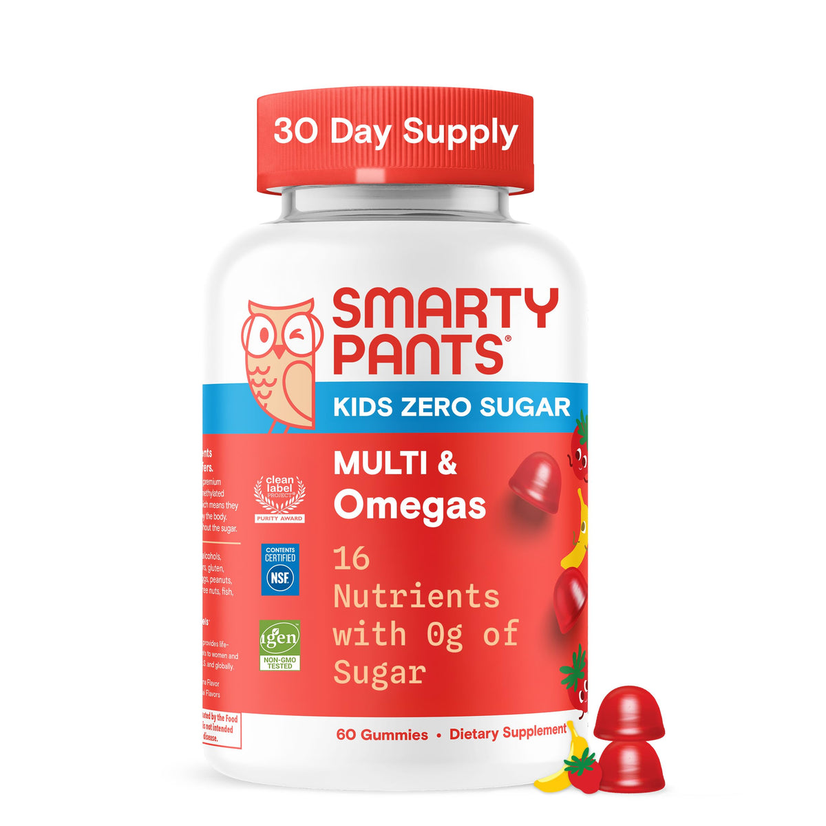SmartyPants Kids Zero Sugar Multi Omegas bottle front displays daily nutrition for kids
