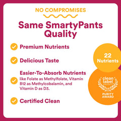 Close-up of SmartyPants label highlights 22 nutrients and methylfolate.