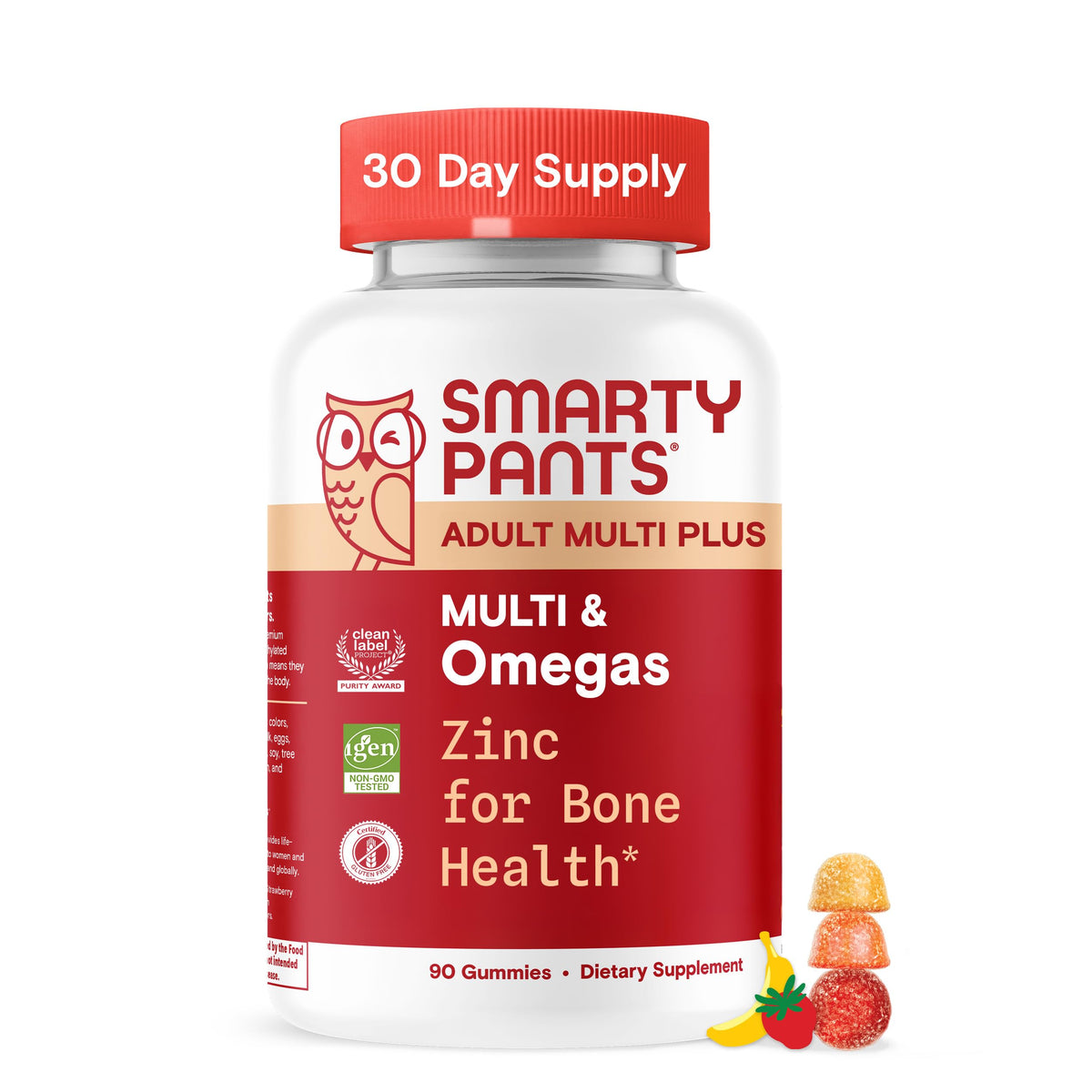 SmartyPants multivitamin bottle front—16 essential nutrients for daily wellness.