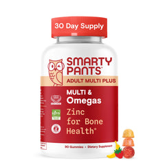 SmartyPants multivitamin bottle front—16 essential nutrients for daily wellness.