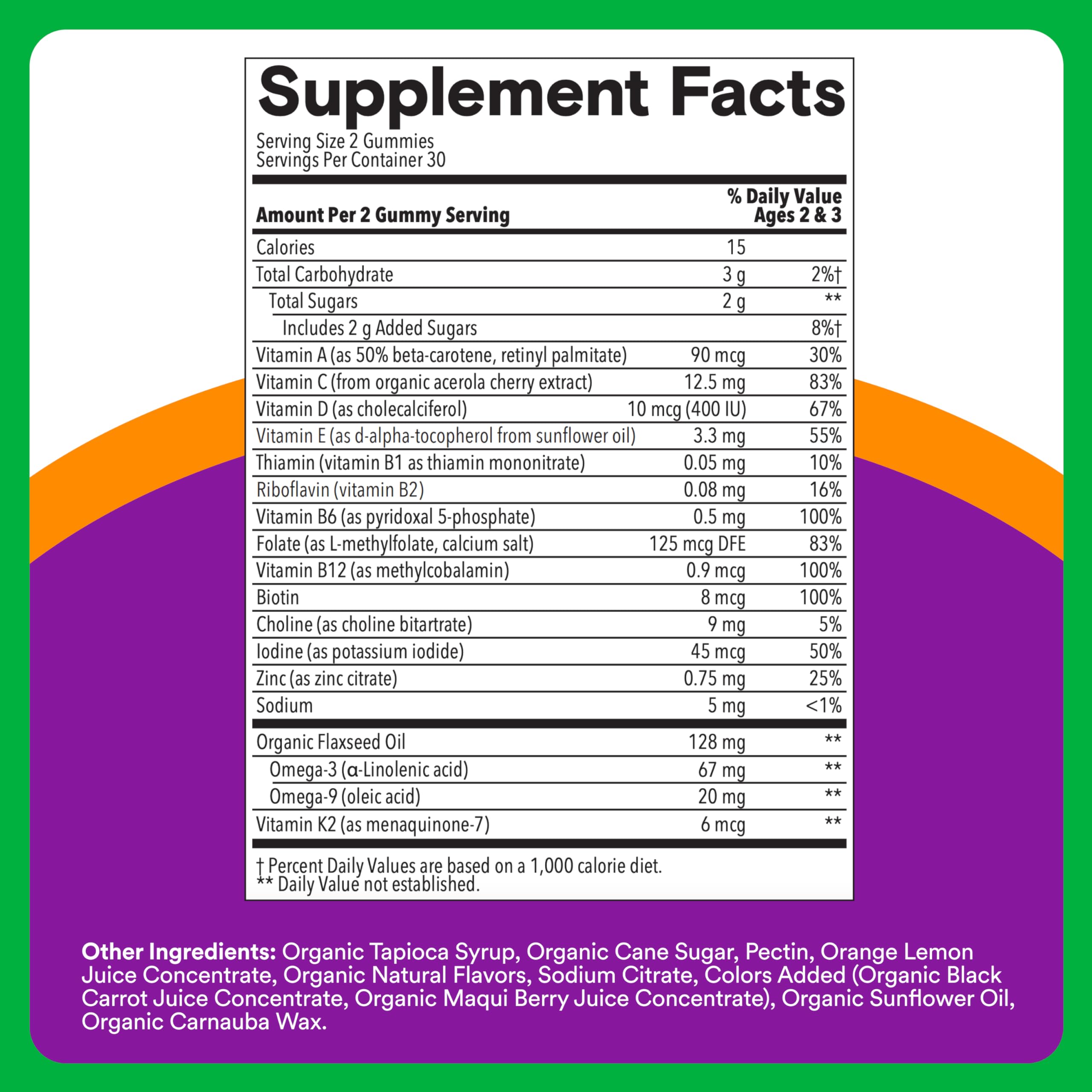 SmartyPants Omega-3 ALA gummies show vegetarian source for healthy development.