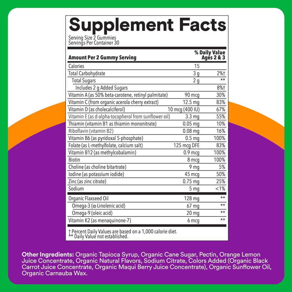 SmartyPants Omega-3 ALA gummies show vegetarian source for healthy development.