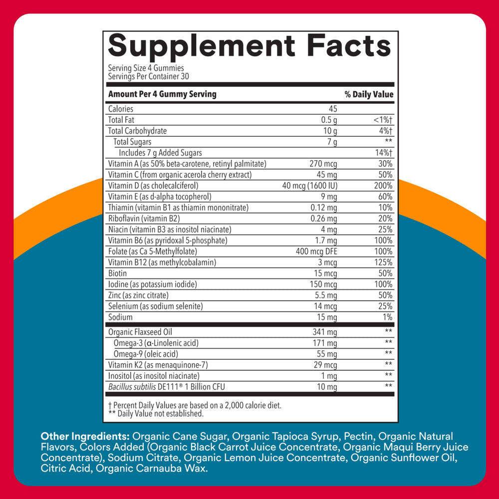 SmartyPants Organic Men's Multi & Probiotics gummies close-up reveals chewy texture and fruity flavors.