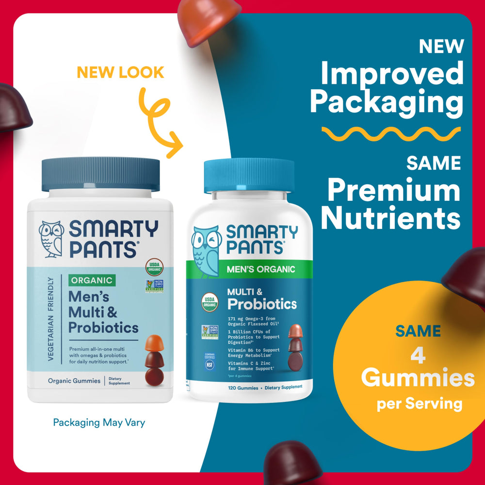 SmartyPants Organic Men's Multi & Probiotics packaging highlights organic, vegetarian gummies.