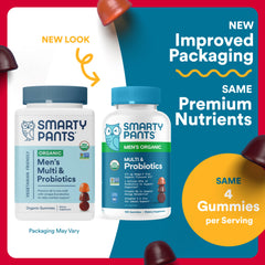 SmartyPants Organic Men's Multi & Probiotics packaging highlights organic, vegetarian gummies.