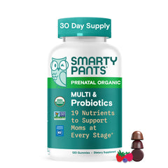 Smartypants Organic Prenatal Gummies bottle closeup highlighting the daily prenatal formula.