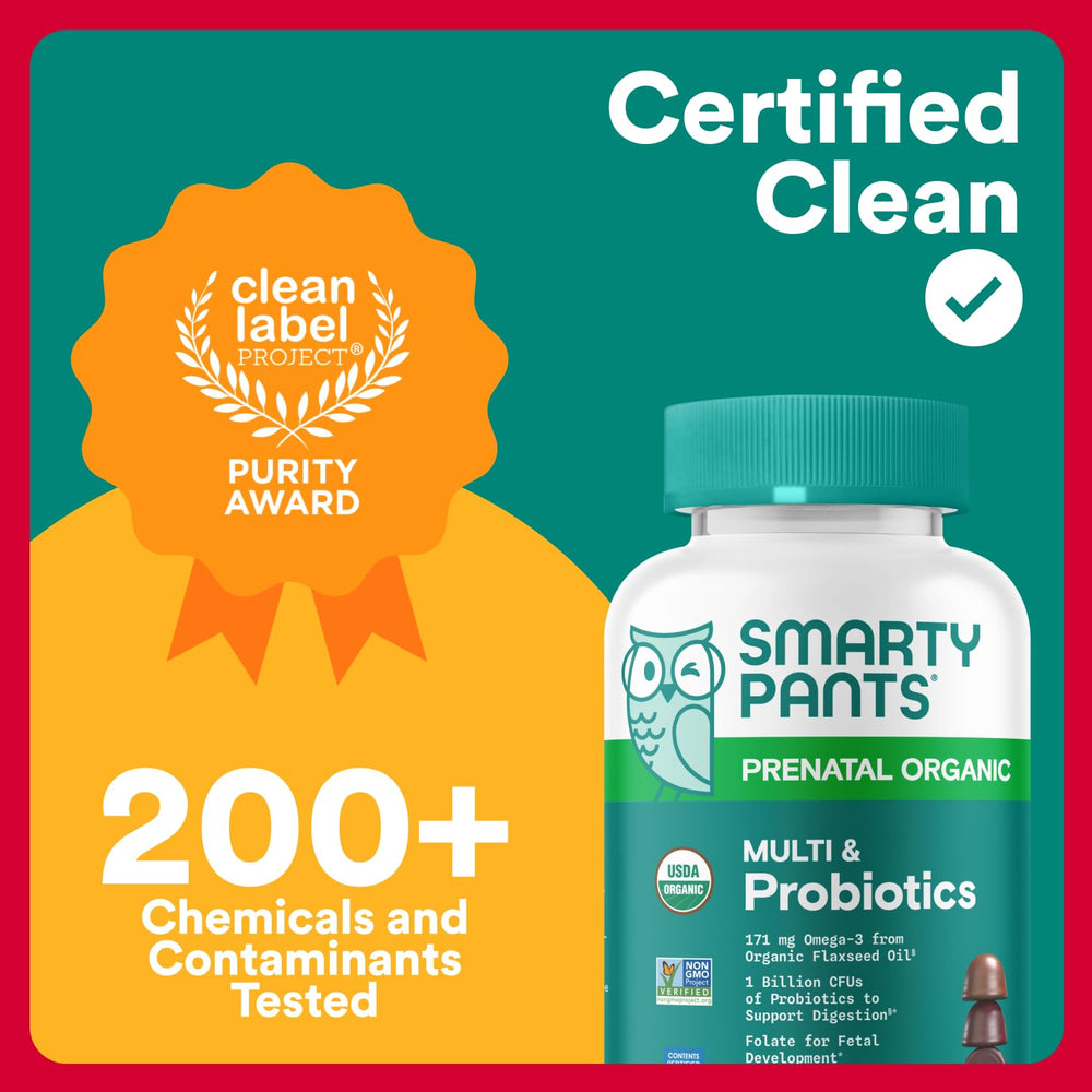 Smartypants Organic Prenatal Gummies methylfolate and D3 vitamin details in closeup.