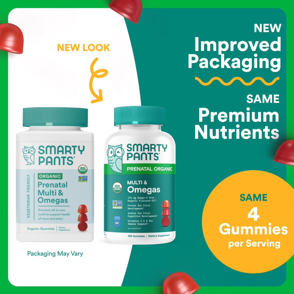 SmartyPants Organic Prenatal gummies close-up showing tasty, easy-to-take nutrition.