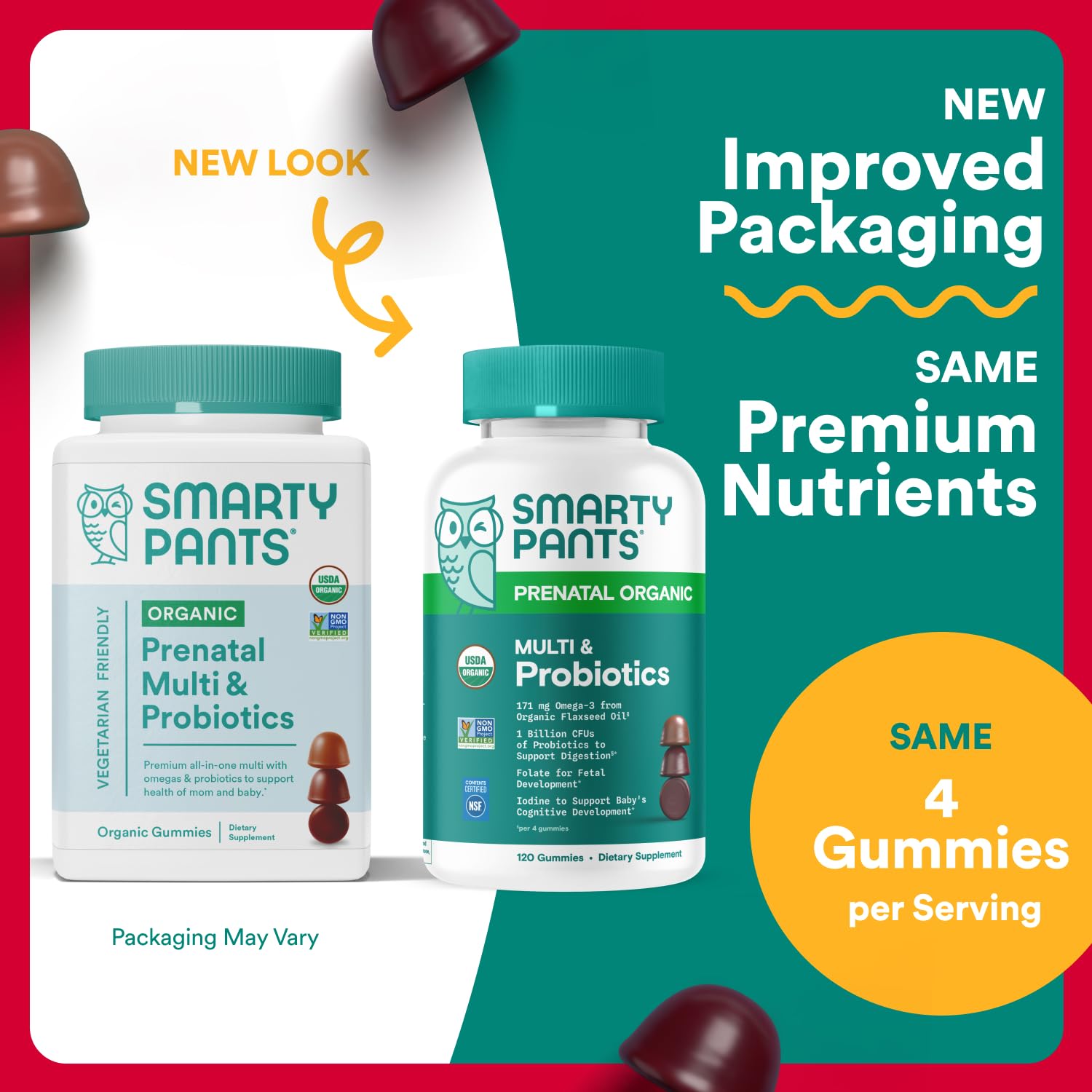 Smartypants Organic Prenatal Gummies label detail shows 19 nutrients for mom and baby.
