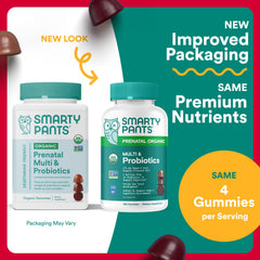 Smartypants Organic Prenatal Gummies label detail shows 19 nutrients for mom and baby.