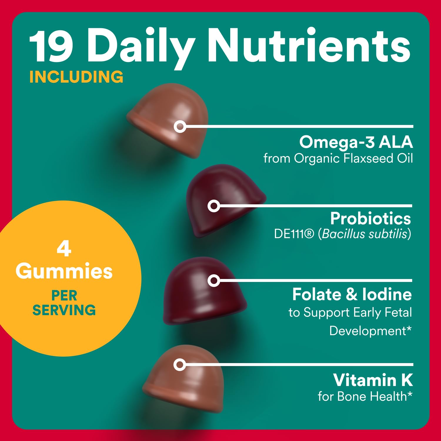 Smartypants Organic Prenatal Gummies serving plate demonstrates a four-gummy daily serving.
