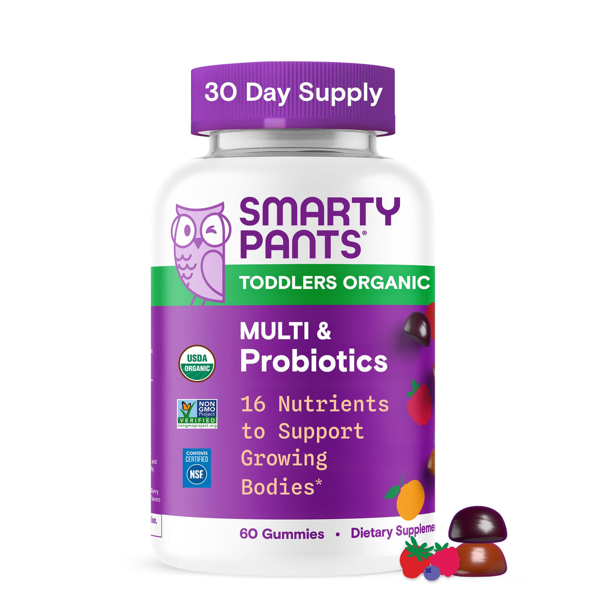 SmartyPants Organic Toddler Multivitamin Gummies bottle promotes balanced nutrition for growing kids.