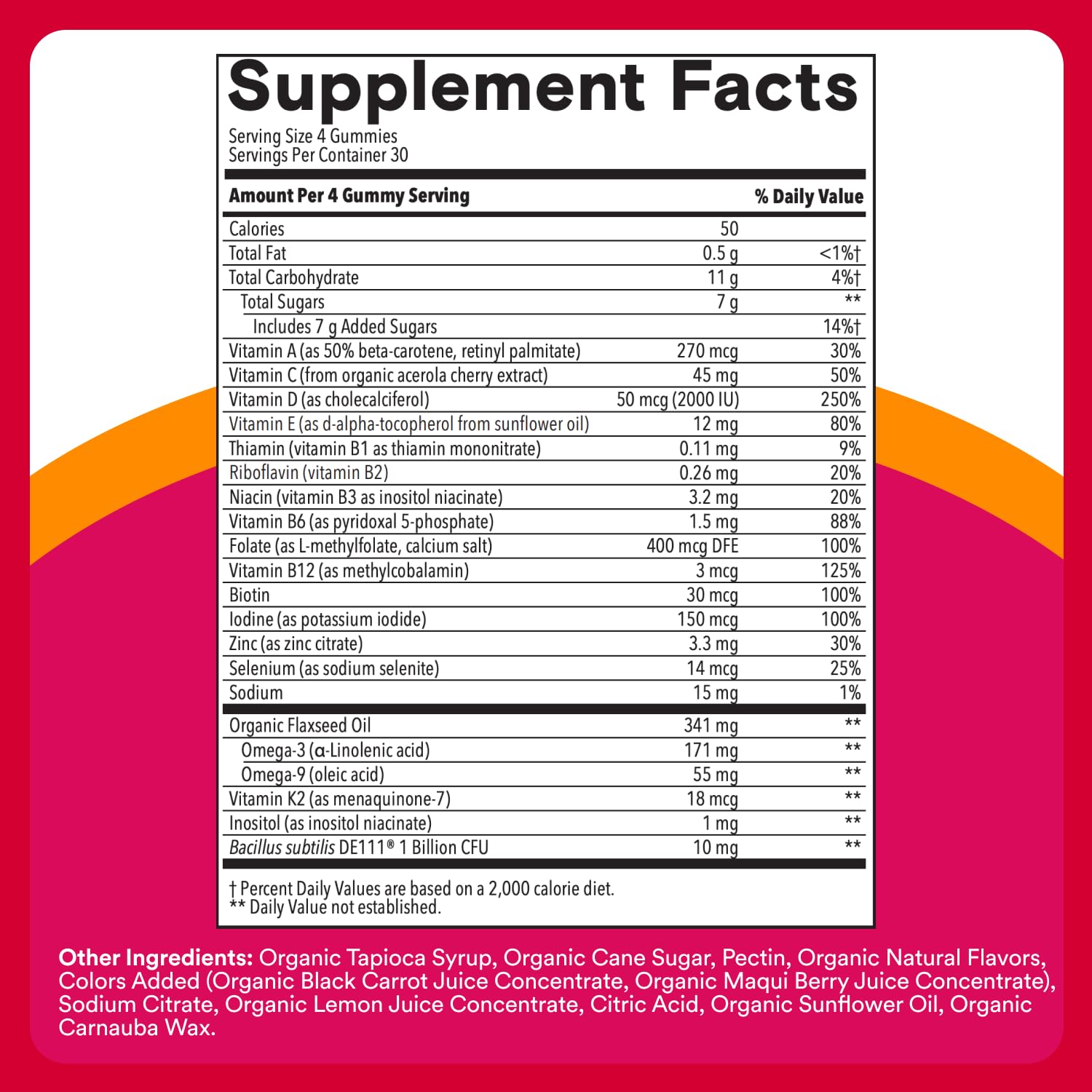 Nutrition label on SmartyPants Organic Women’s Multivitamin Gummies showing 18 nutrients