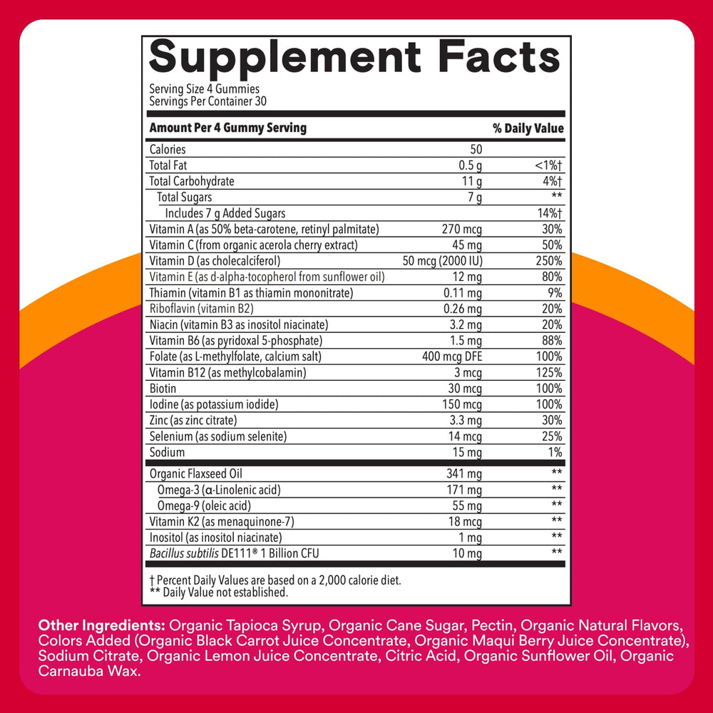 Nutrition label on SmartyPants Organic Women’s Multivitamin Gummies showing 18 nutrients