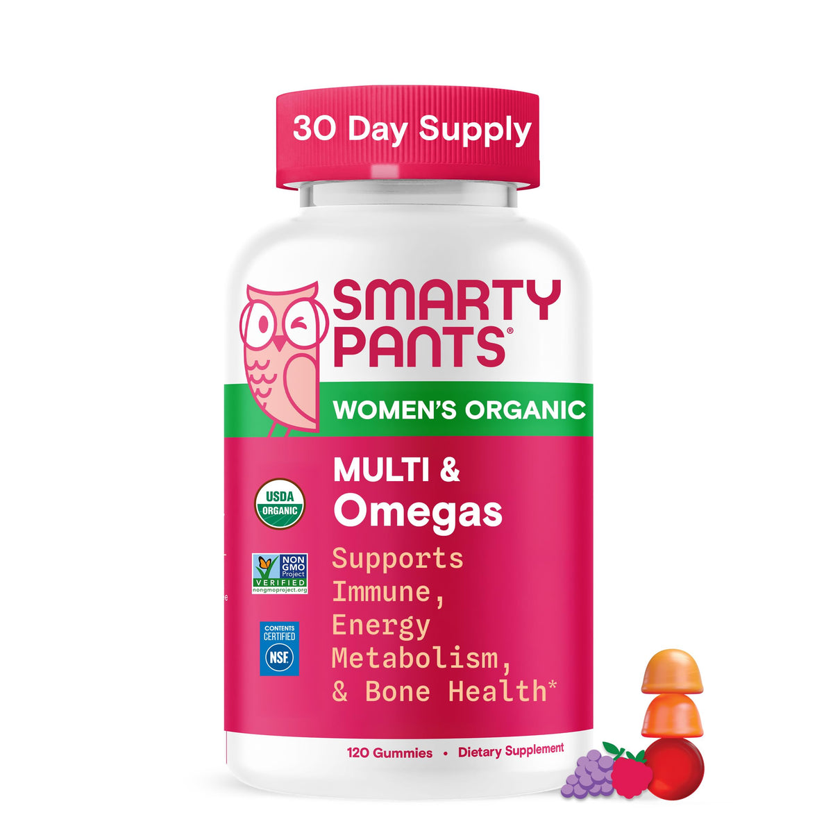 SmartyPants Organic Women’s Multivitamin Gummies bottle showing branding and labeling for daily wellness