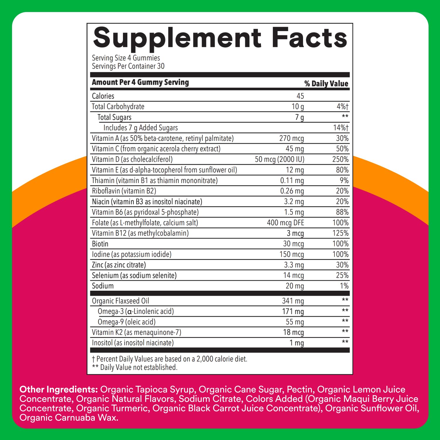 SmartyPants Organic Women’s Multivitamin Gummies label highlights organic and vegetarian ingredients